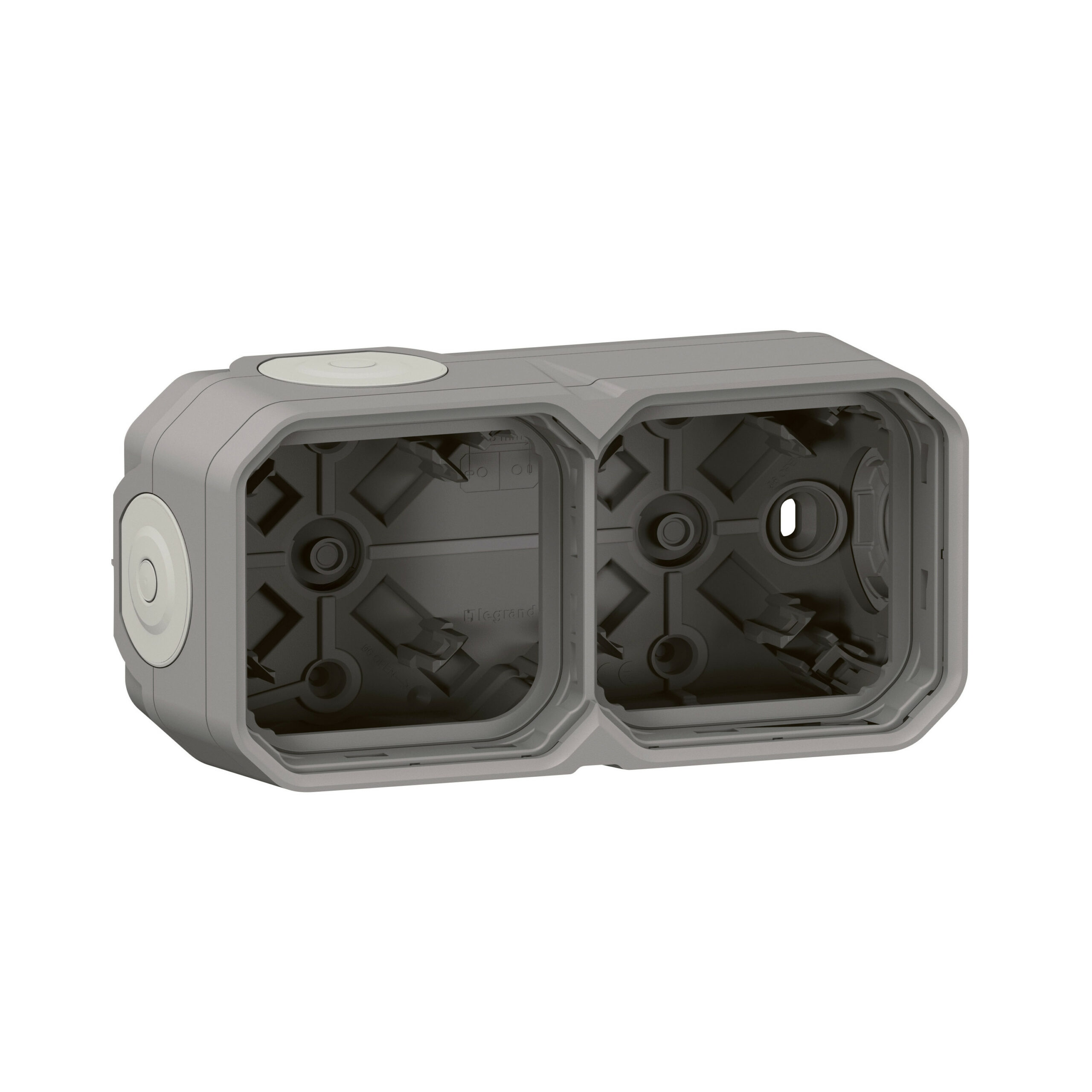 Boîtier saillie étanche Plexo 2 postes horizontaux et verticaux sans cloison avec 4 embouts à membrane – gris