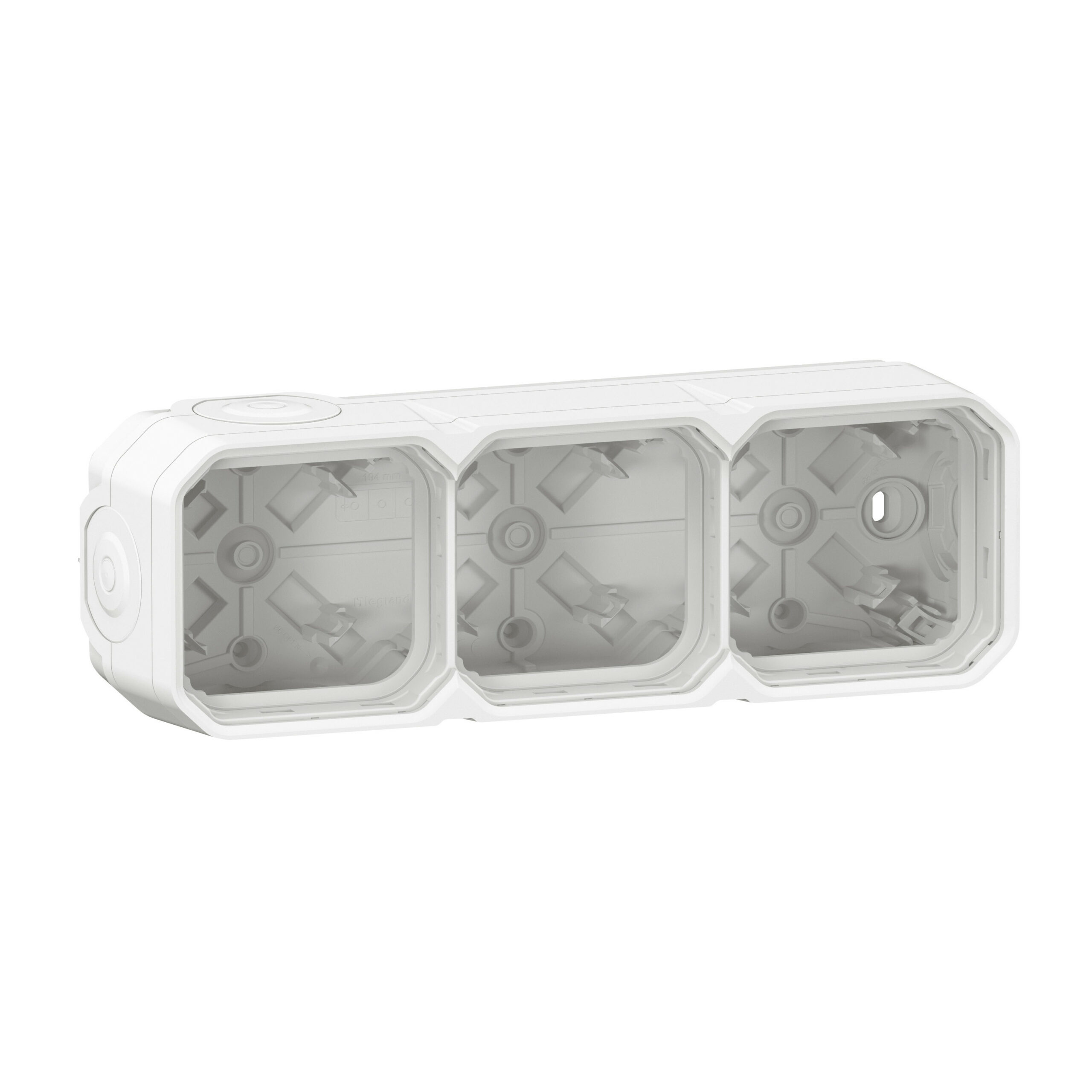 Boîtier saillie étanche Plexo 3 postes horizontaux et verticaux sans cloison avec 5 embouts à membrane – blanc