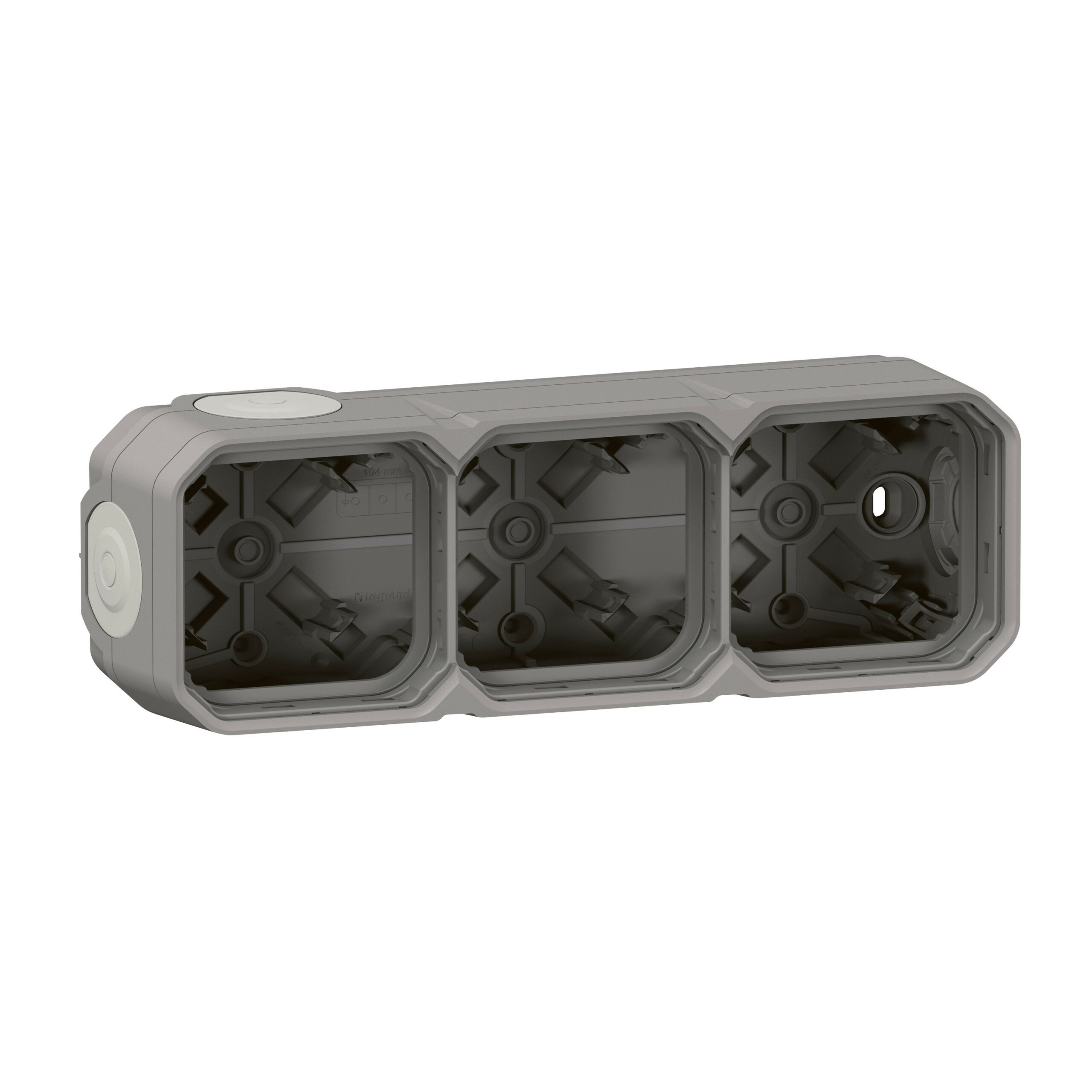 Boîtier saillie étanche Plexo 3 postes horizontaux et verticaux sans cloison avec 5 embouts à membrane – gris