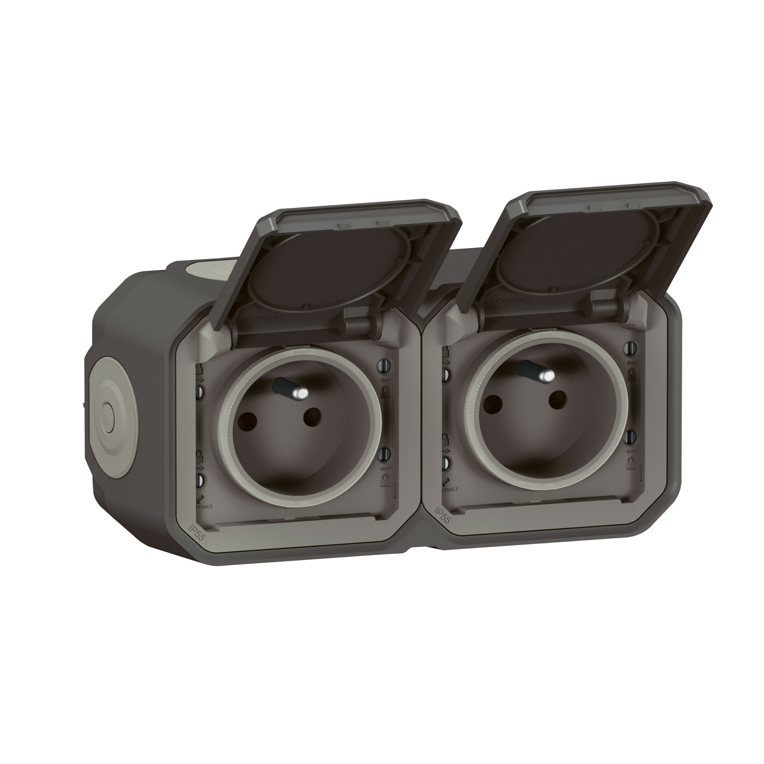 Double prise de courant précâblée 2x2P+T horizontale étanche Plexo livrée complète pour fixation saillie – anthracite