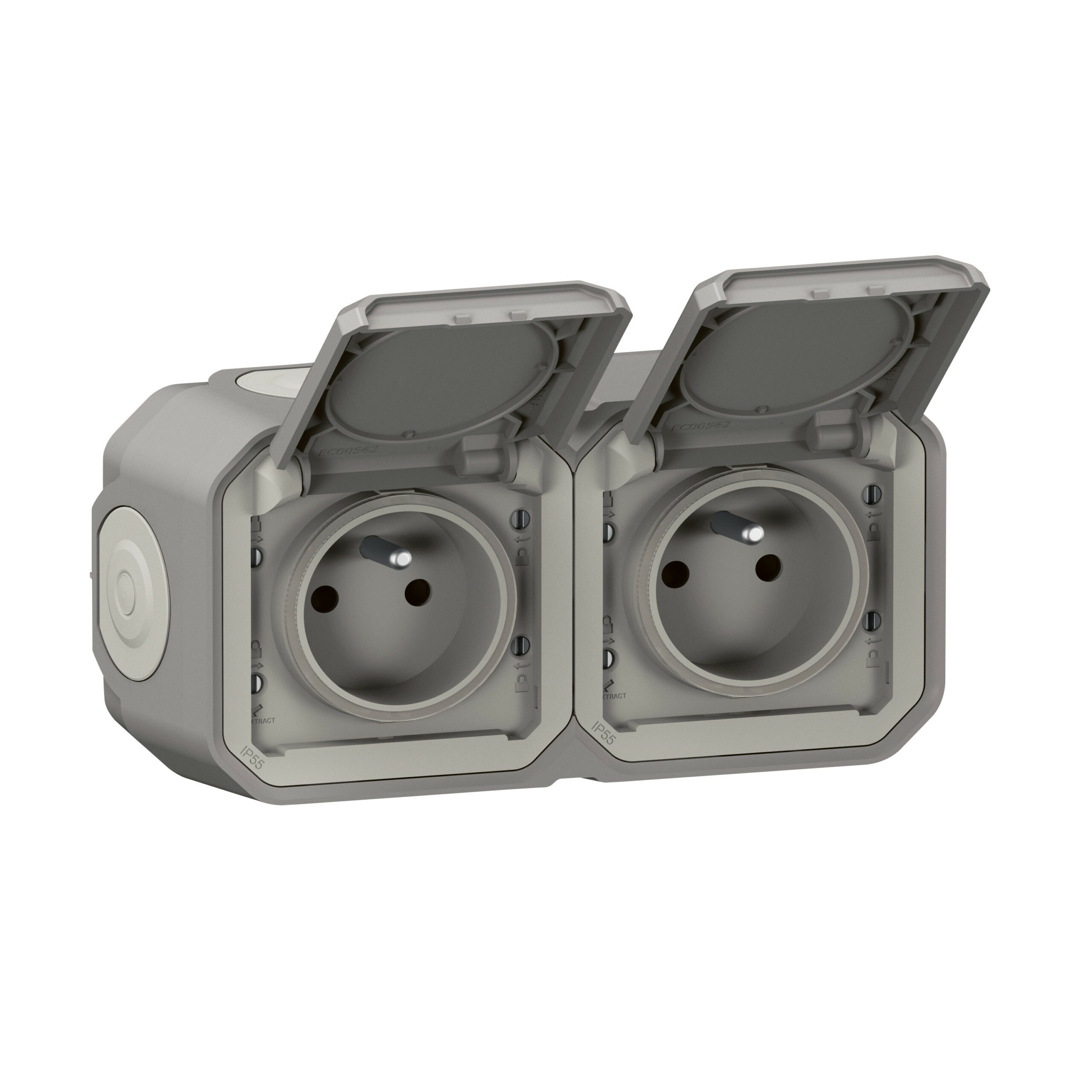 Double prise de courant précâblée 2x2P+T horizontale étanche Plexo livrée complète pour fixation saillie – gris