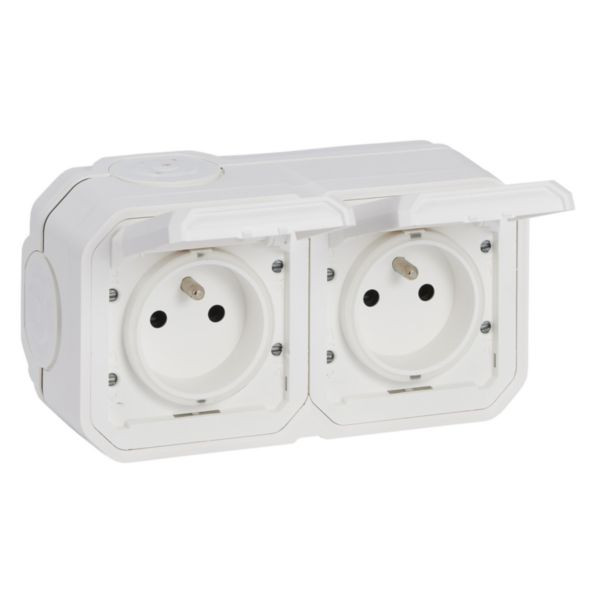 Plexo prise 2x2P+T horizontale complet IP55 IK08 – blanc