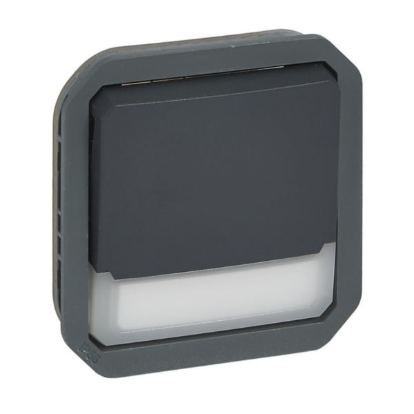 Poussoir inverseur lumineux porte étiquette 10A Plexo – Composable – Anthracite – IP55 – IK08