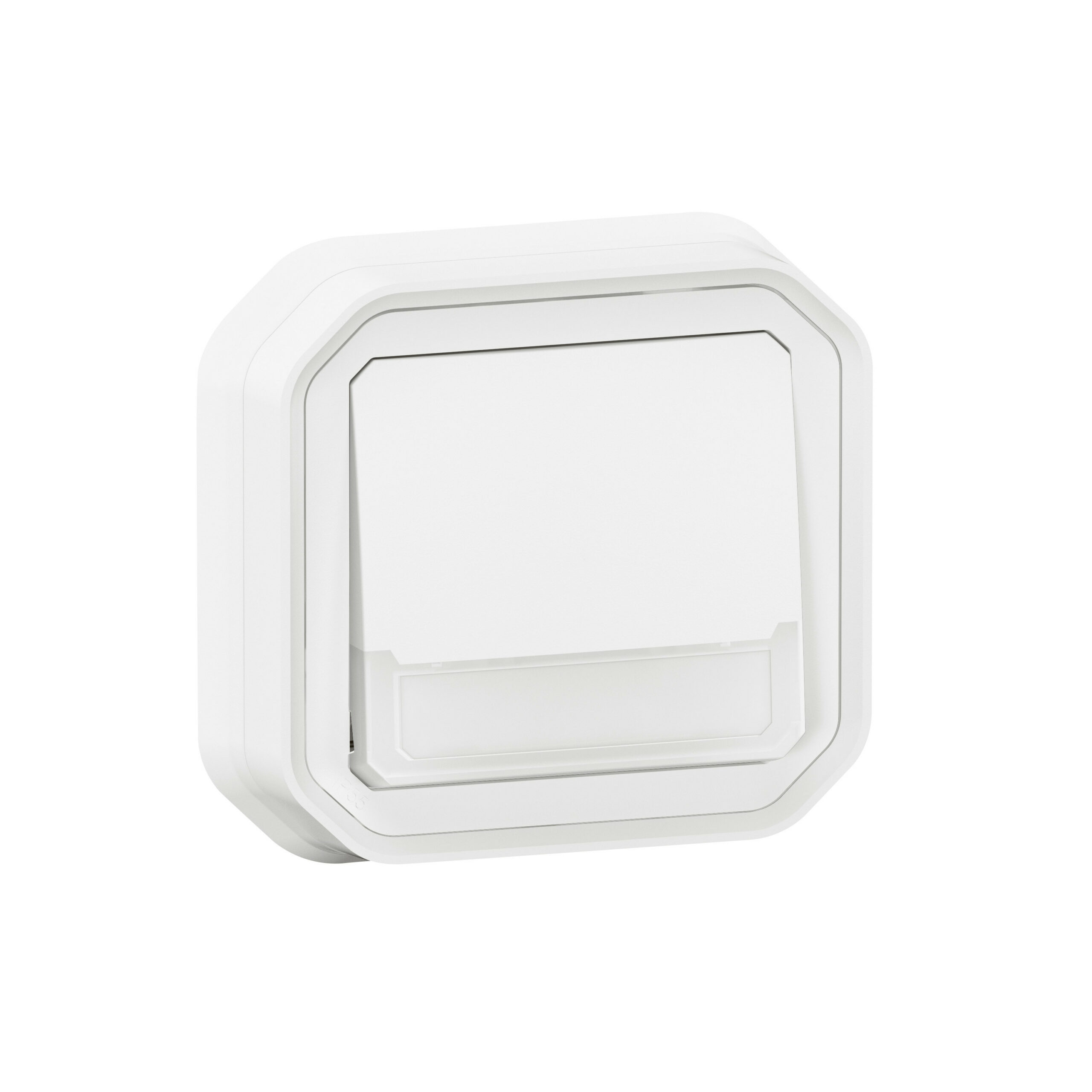Poussoir NO-NF lumineux porte-étiquette avec voyant étanche Plexo 10A IP55 IK08 livré complet fixation encastré – blanc