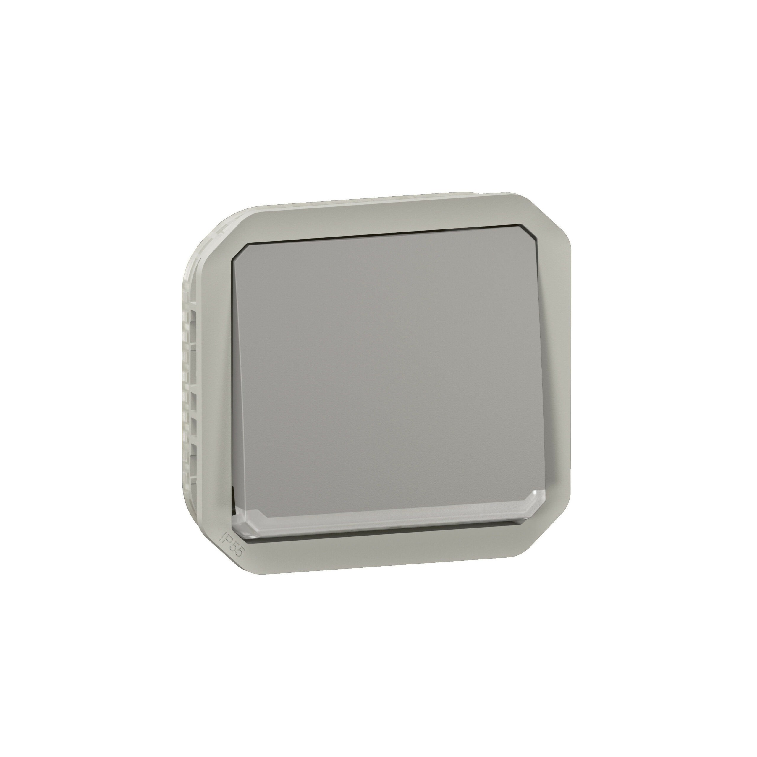 Poussoir NO témoin avec voyant étanche Plexo 10A IP55 IK08 avec enjoliveur finition gris