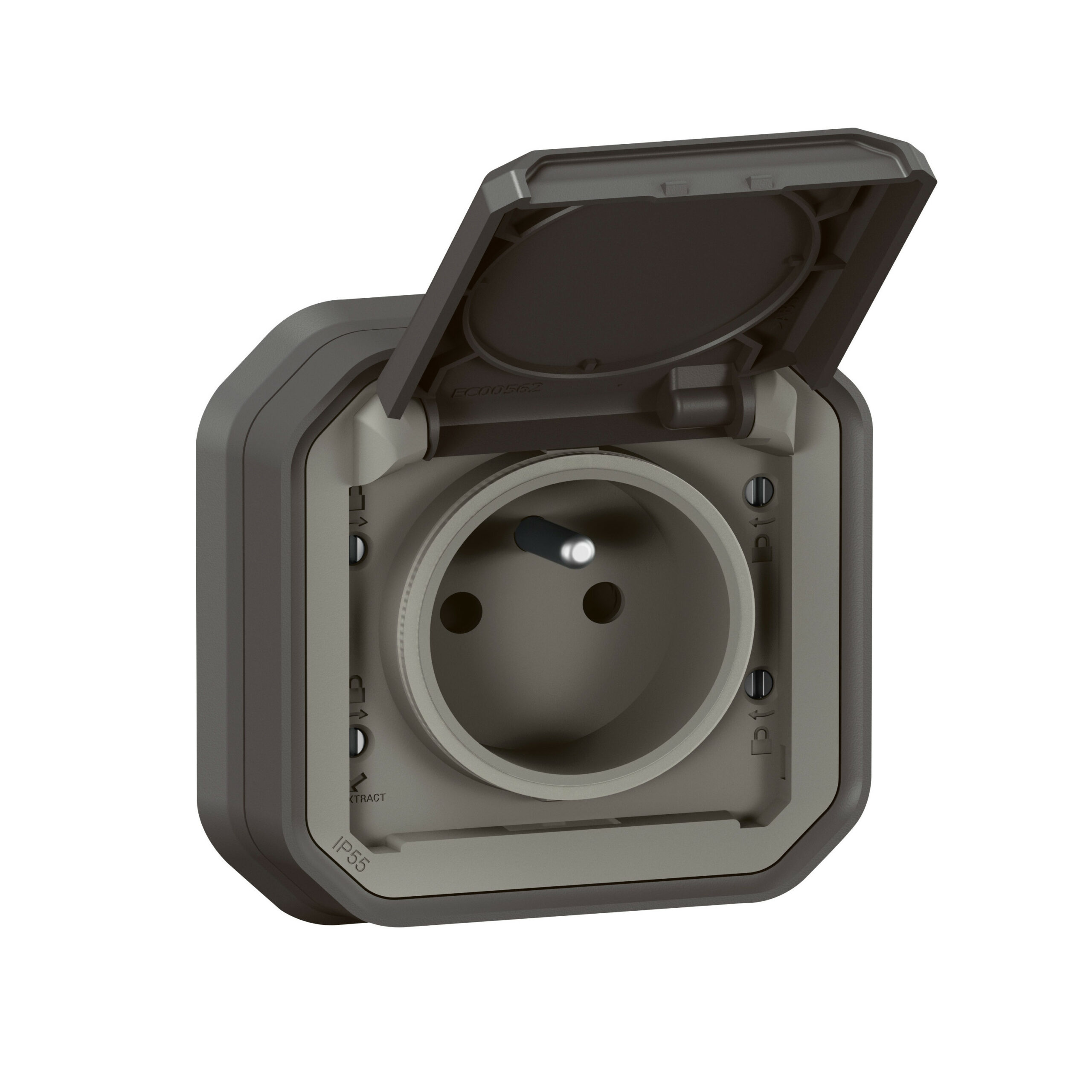 Prise de courant 2P+T étanche Plexo 16A 250V IP55 IK08 livrée complète pour fixation en encastré – anthracite