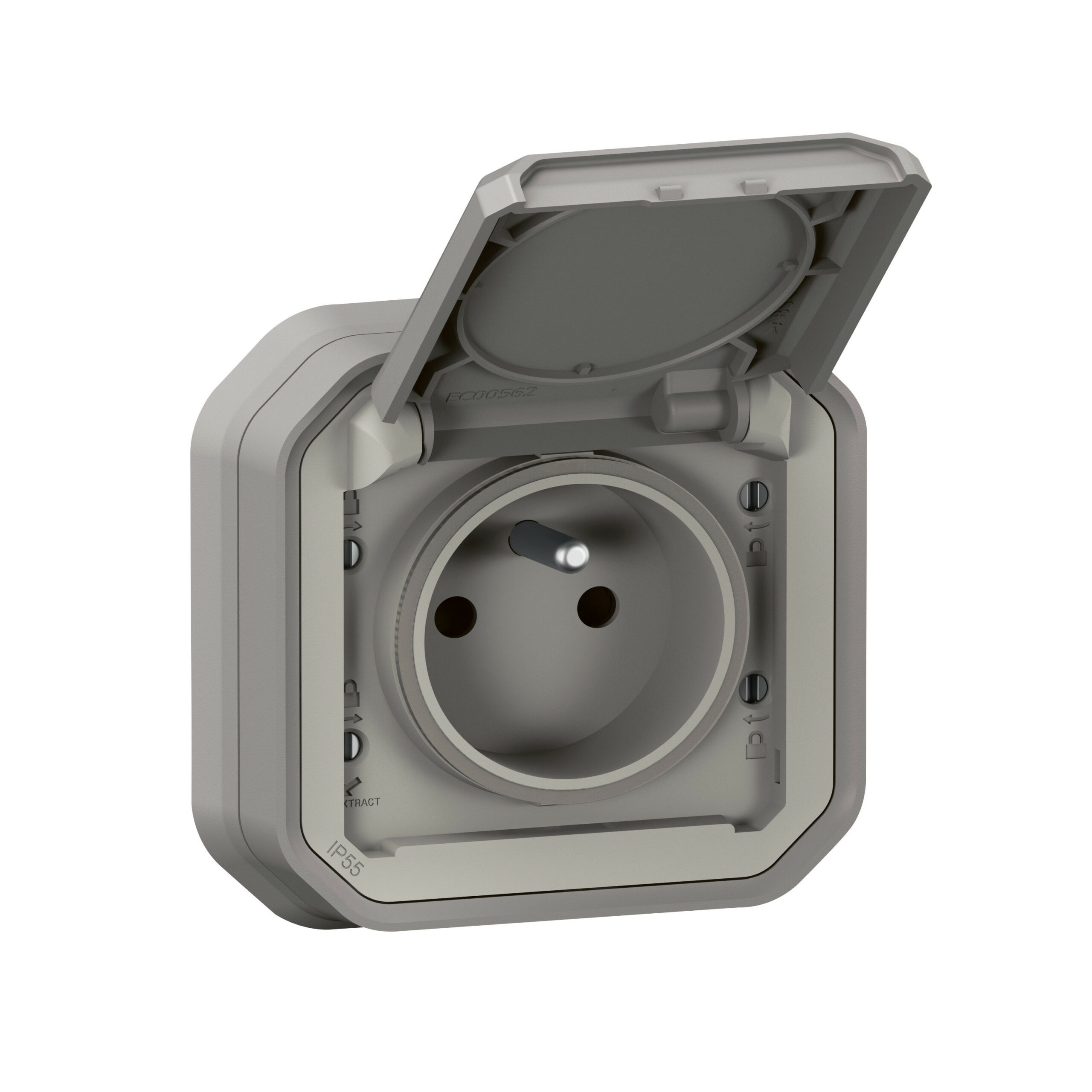 Prise de courant 2P+T étanche Plexo 16A 250V IP55 IK08 livrée complète pour fixation en encastré – gris