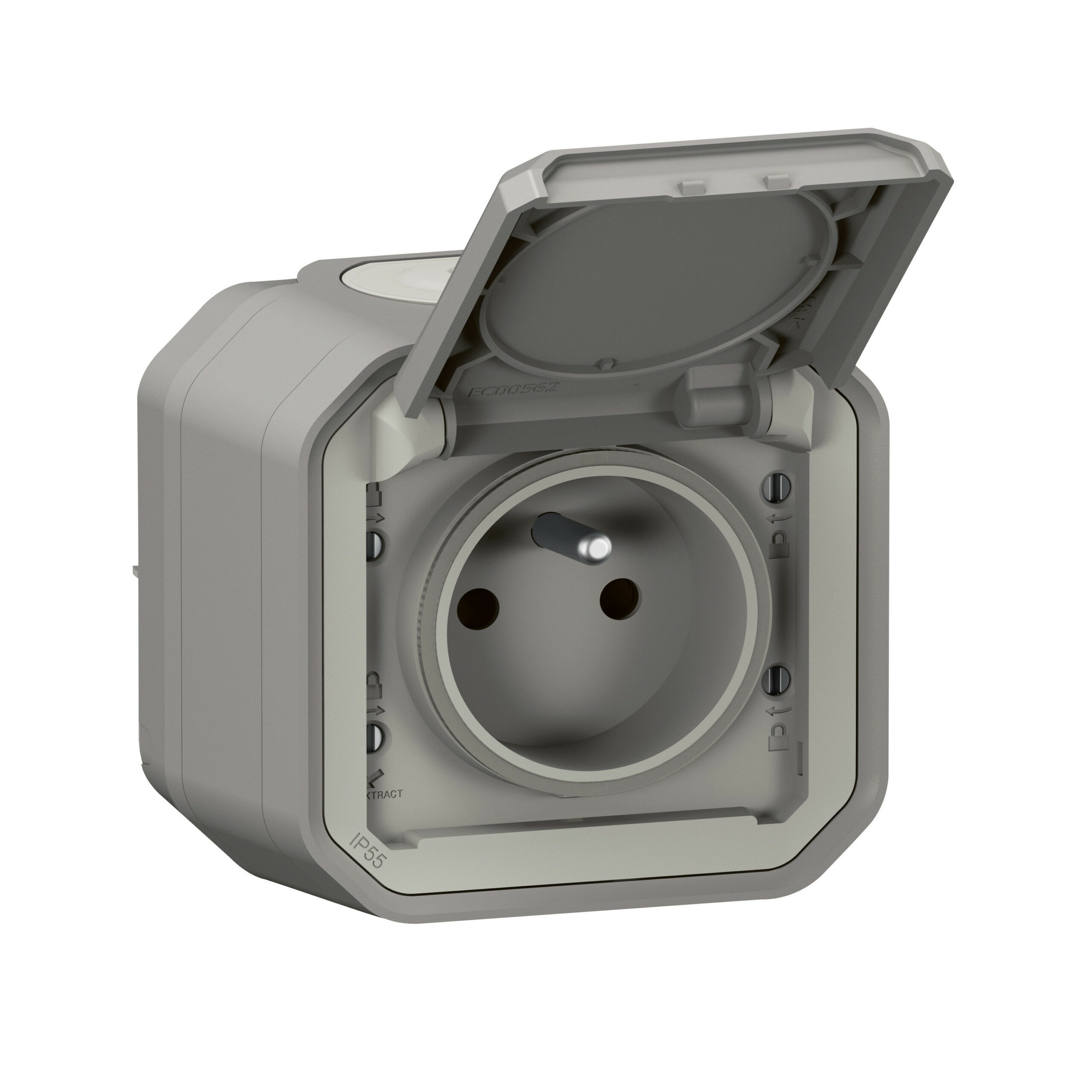 Prise de courant 2P+T étanche Plexo 16A 250V IP55 IK08 livrée complète pour fixation saillie – gris