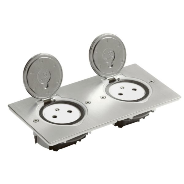 Prise de sol et plan de travail double 2P+T Surface 16A 250V avec platine rectangulaire – inox brossé