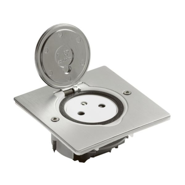 Prise de sol et plan de travail simple 2P+T Surface 16A 250V avec platine carrée – inox brossé