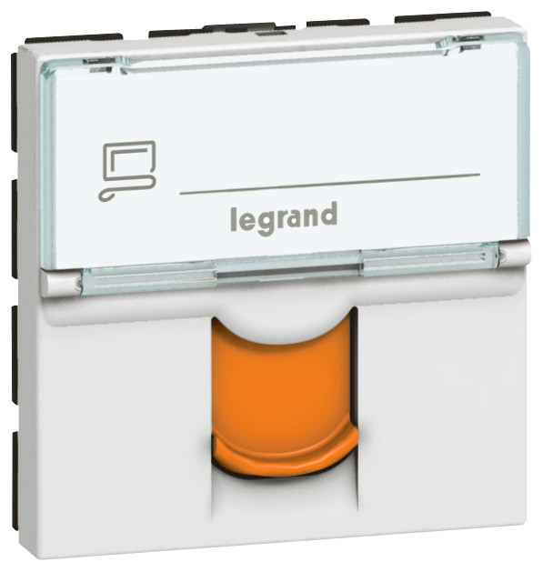 Prise RJ45 catégorie 6A STP à blindage métal avec volet orange Mosaic 2 modules – blanc