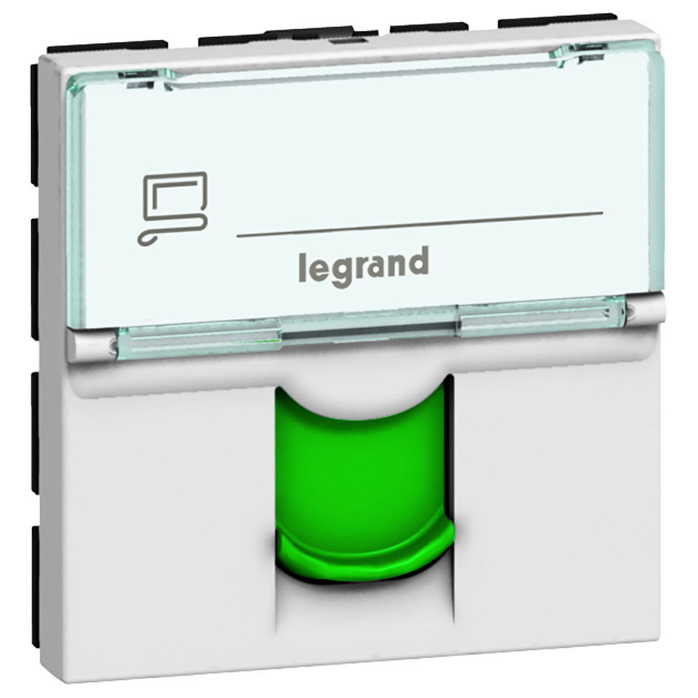Prise RJ45 catégorie 6A STP à blindage métal avec volet vert Mosaic 2 modules – blanc