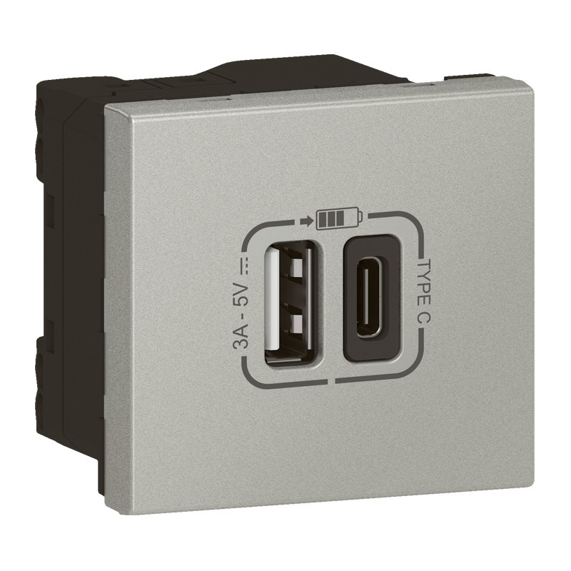 Prise USB Type-A + USB Type-C 3A 5V 15W Mosaic Link raccordement latéral 2 modules 230V – alu