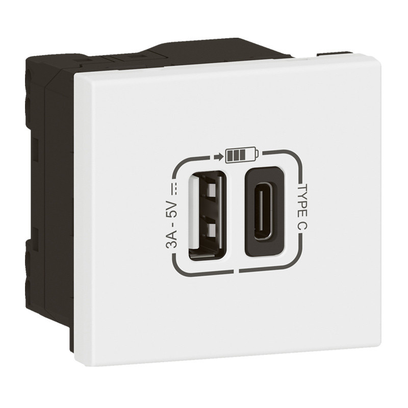Prise USB Type-A + USB Type-C 3A 5V 15W Mosaic Link raccordement latéral 2 modules 230V – blanc