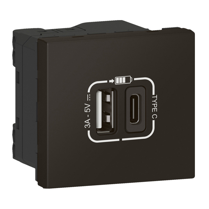 prise USB Type-A + USB Type-C 3A 5V 15W Mosaic Link raccordement latéral 2 modules 230V – noir mat