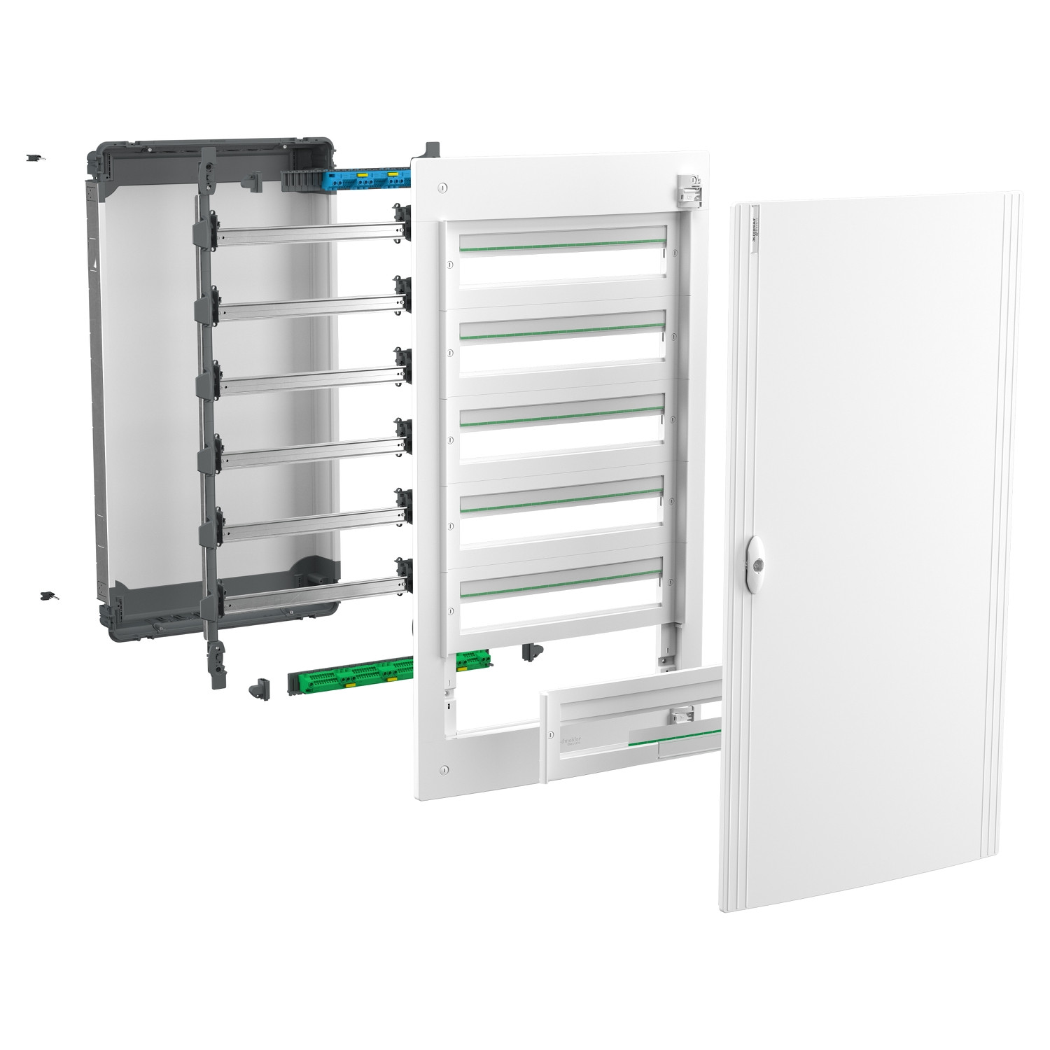 PrismaSeT XS, encastré, 5 x 24 modules, 1 terre + 1 bornier neutre, porte blanche unie