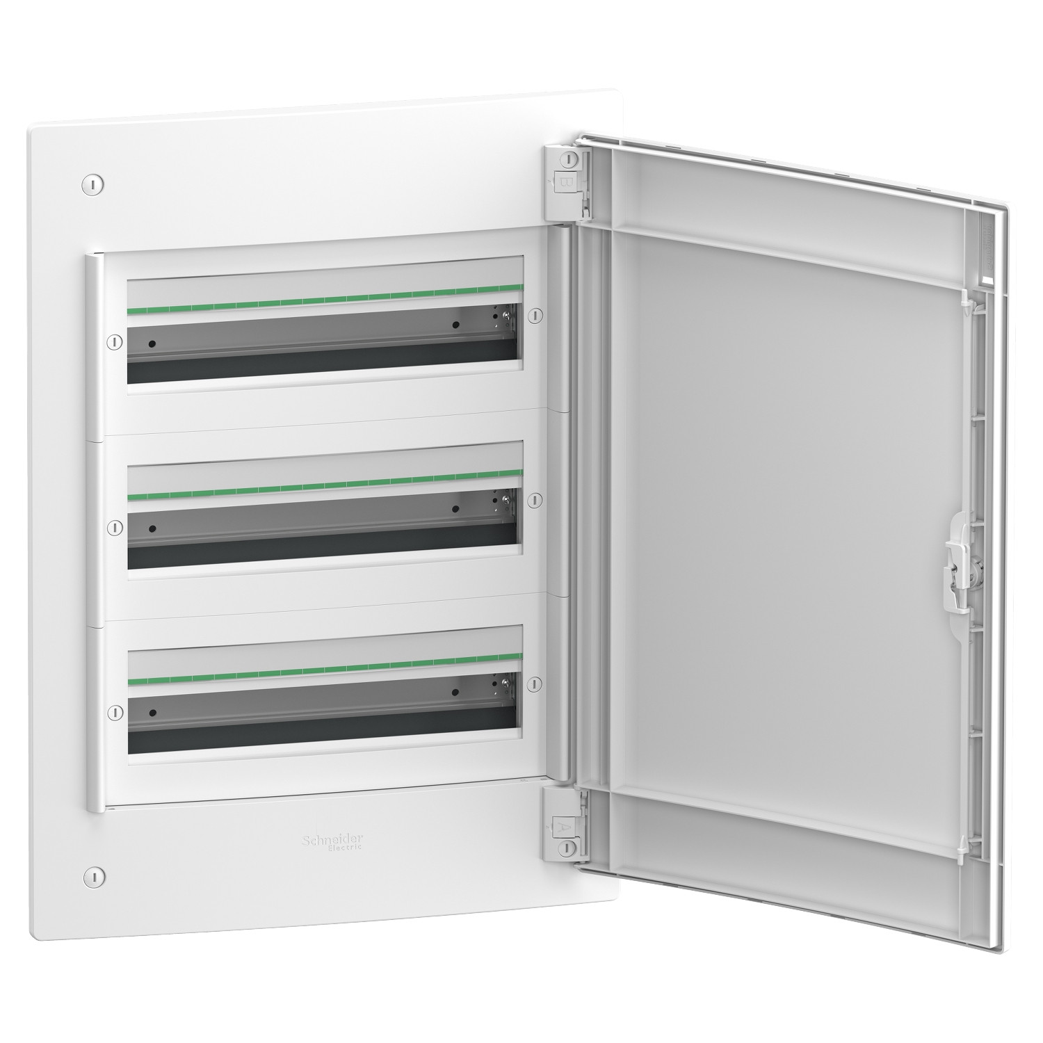 PrismaSeT XS, encastré, modules 3×18, 1 terme terrestre. bloc, porte blanche unie, plaque arrière résistante à 650 °C
