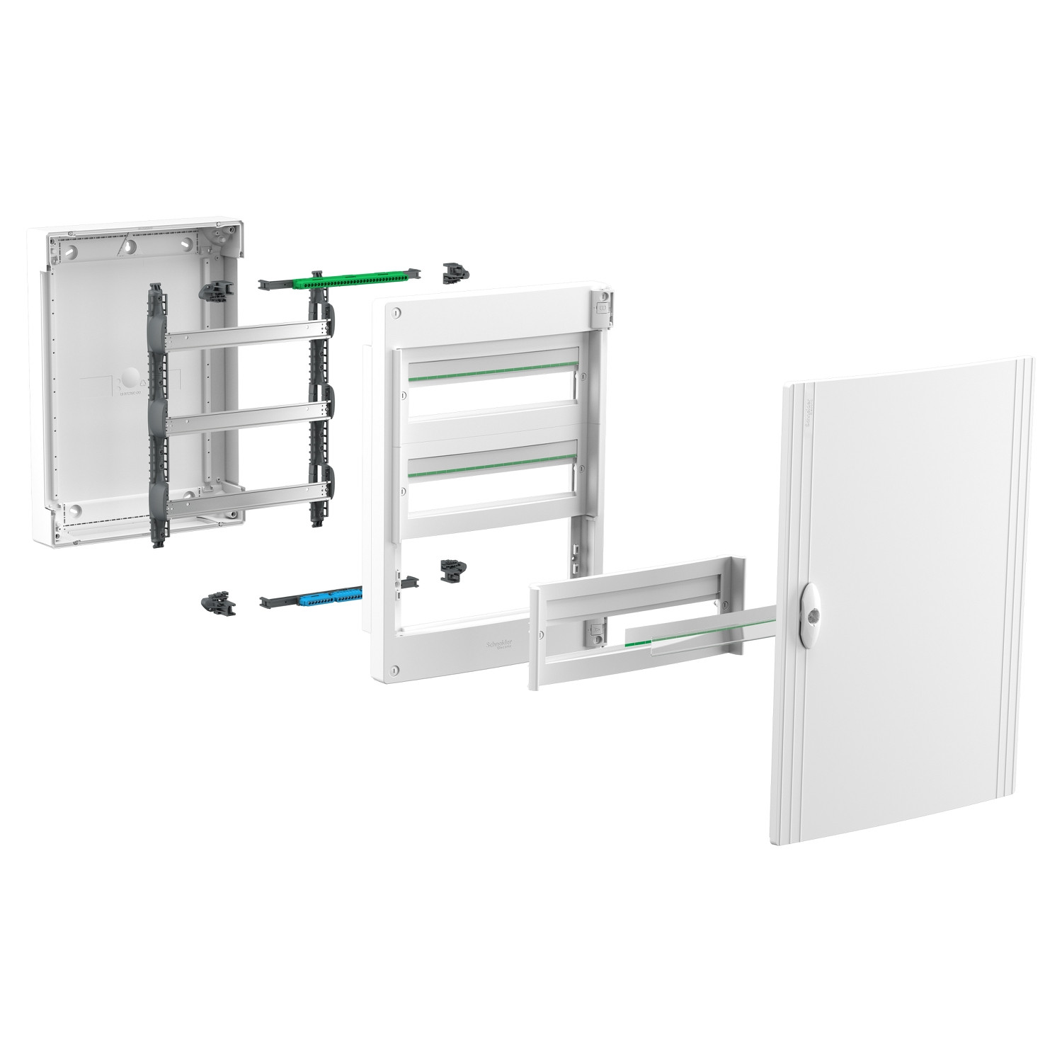 PrismaSeT XS, surface, 4 x 18 modules, 1 terre + 1 bornier neutre, porte blanche unie