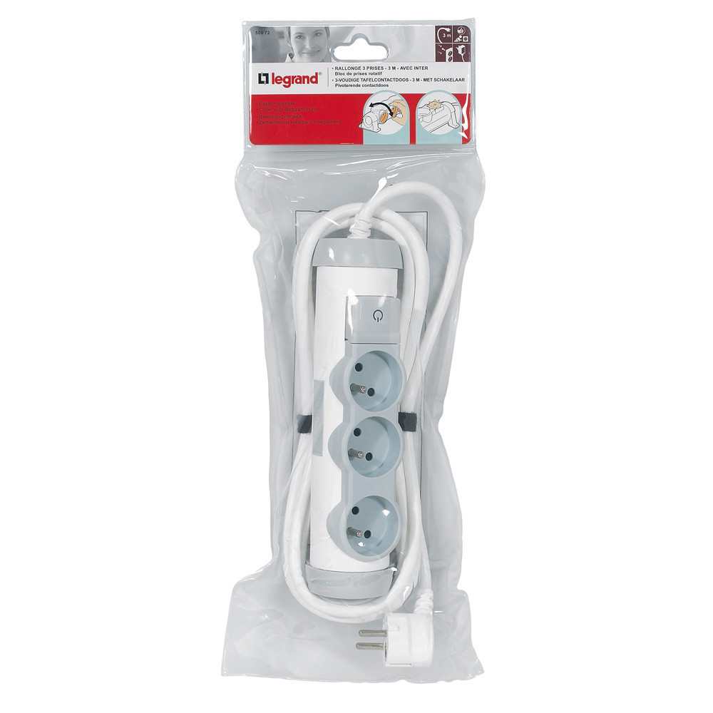 Rallonge avec bloc de prises pivotant – 3 prises – cordon 3 m