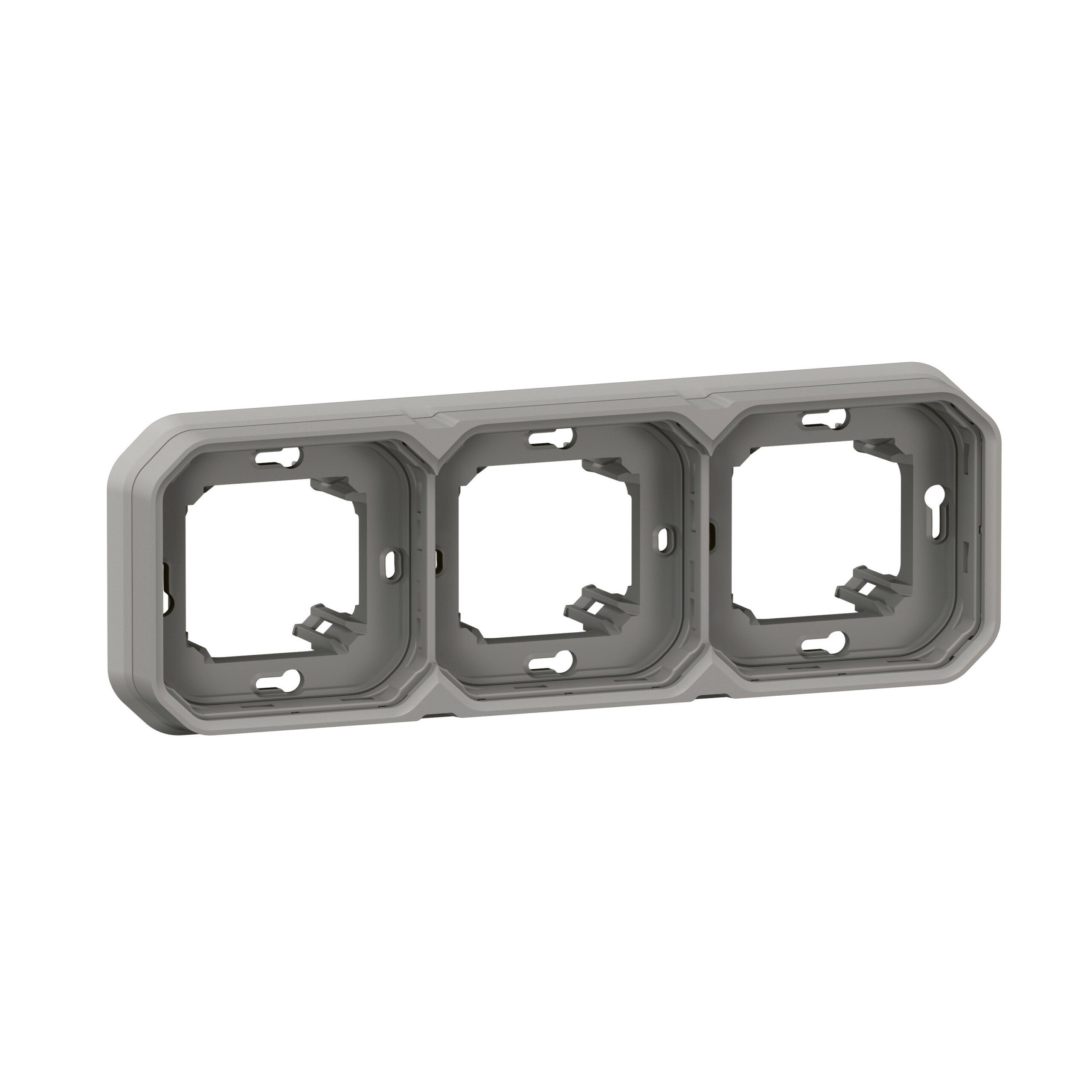 Support plaque étanche pour montage encastré 3 postes horizontaux ou verticaux Plexo – gris